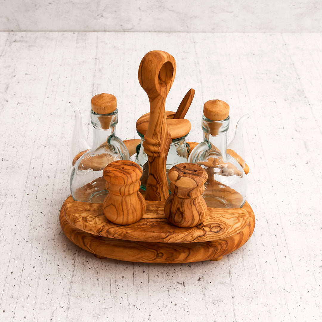 Coffret rustique en bois d'olivier pour huile et épices